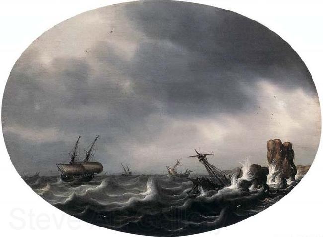 VLIEGER, Simon de Stormy Sea - Oil on wood Spain oil painting art